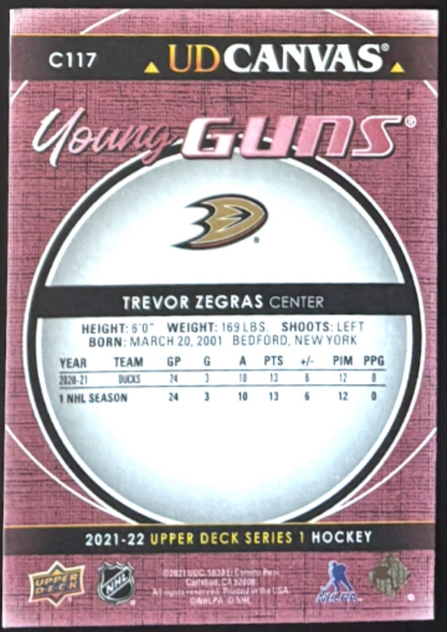 Trevor Zegras Young Guns Canvas (SP) Upper Deck 21-22 Series 1 - photo 2