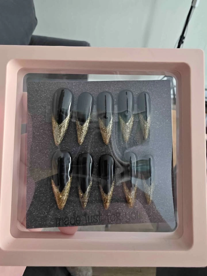 Black and Gold Glitter Almond Press-On Nails