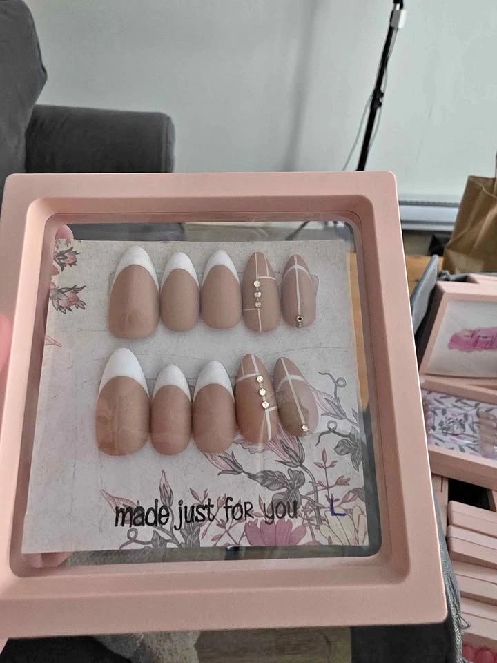 Nude and White French Tip Press-On Nails with Rhinestones