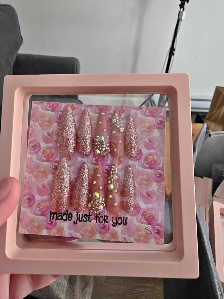 Custom Pink Glitter and Rhinestone Press-On Nails