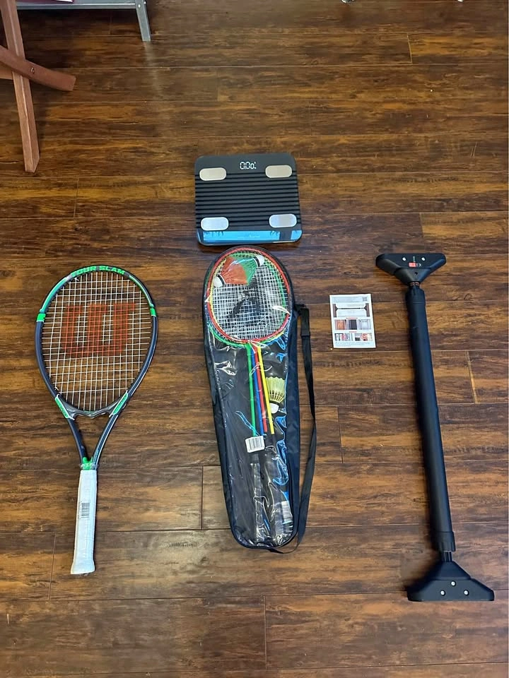 Brand new pull up bar, tennis/badminton racquets and weight mach