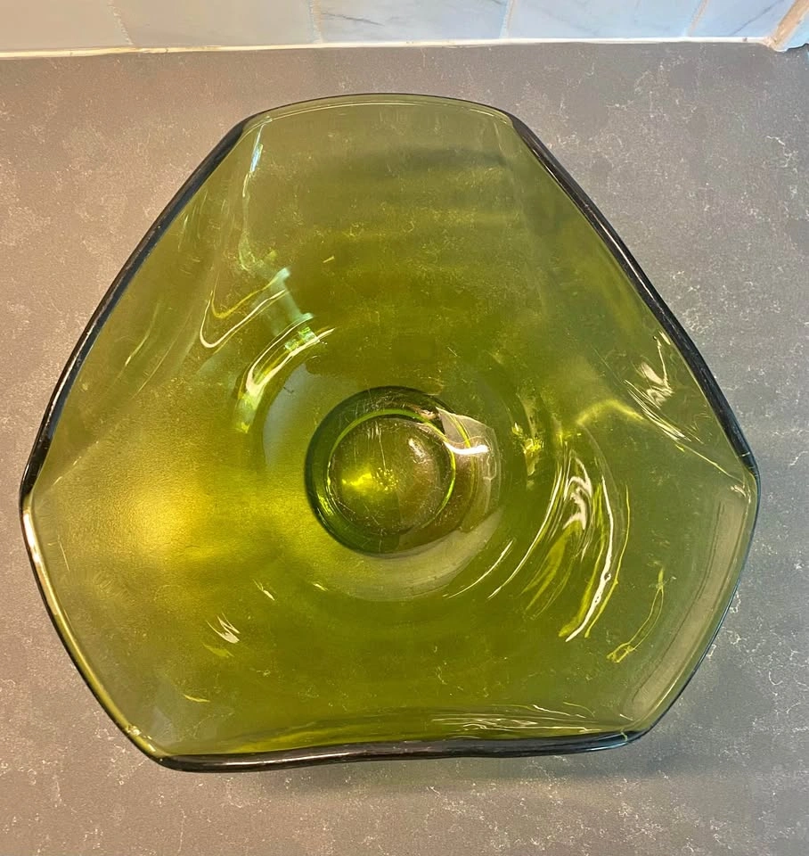 Vintage Anchor Hocking Avocado Coloured Triangular Glass Bowl