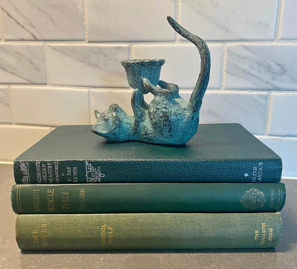 Vintage Art Deco Verdigris Cat Candle Holder