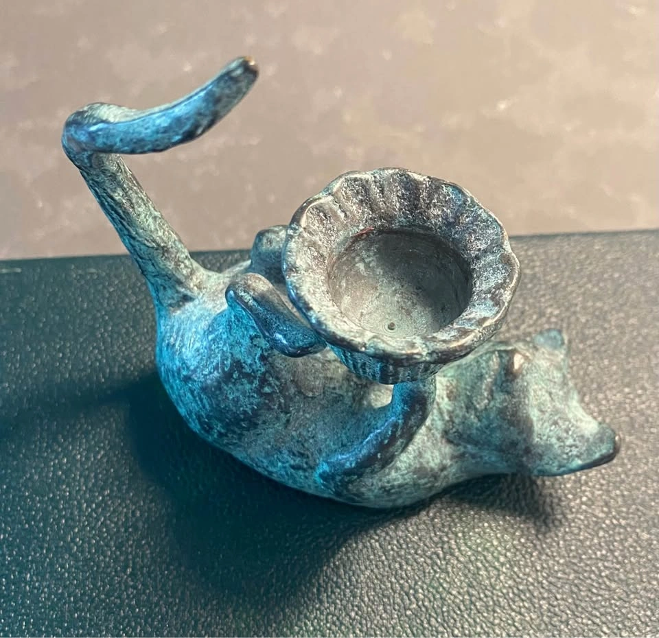 Vintage Art Deco Verdigris Cat Candle Holder - photo 2