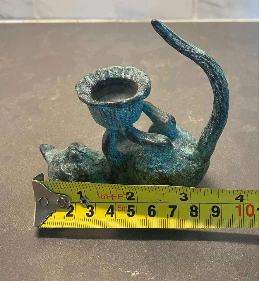 Vintage Art Deco Verdigris Cat Candle Holder - photo 5