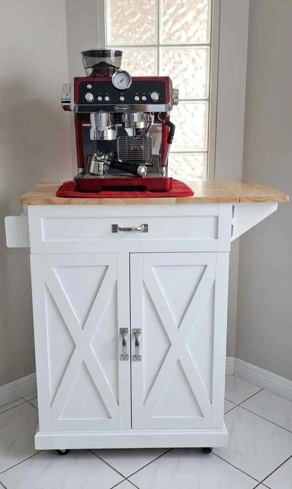 White Kitchen Island Coffee Bar Cart with Wood Top