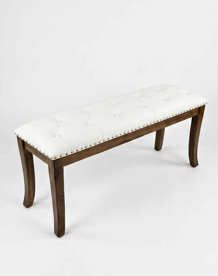 Tufted White Upholstered Bench with Wood Legs