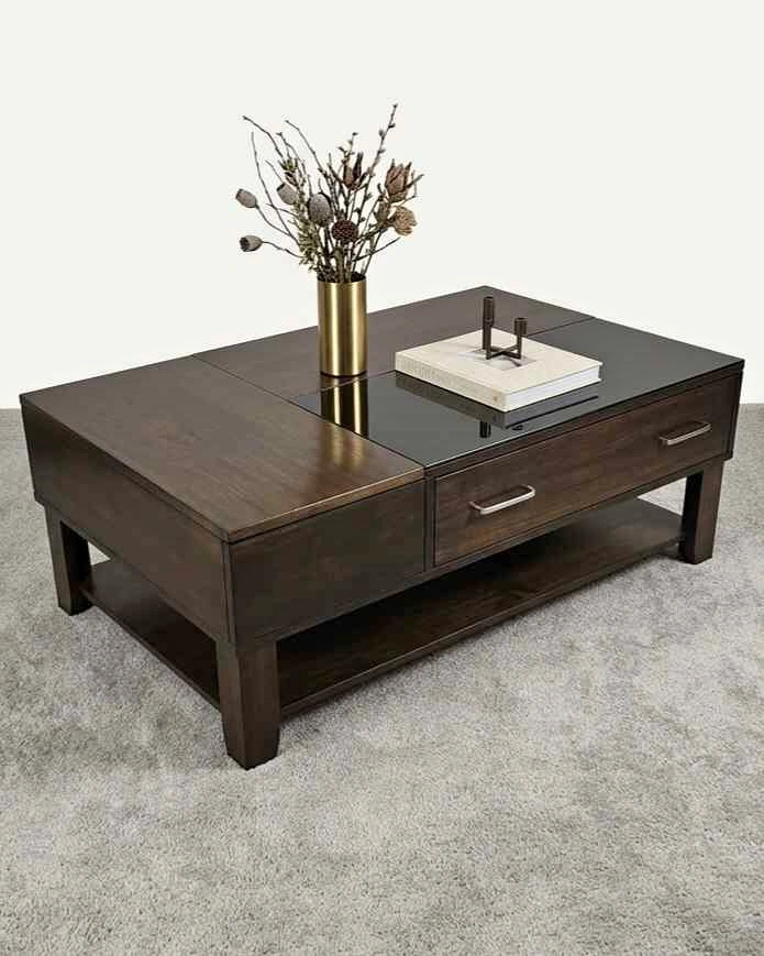 Dark Wood Coffee Table with Glass Top and Drawers