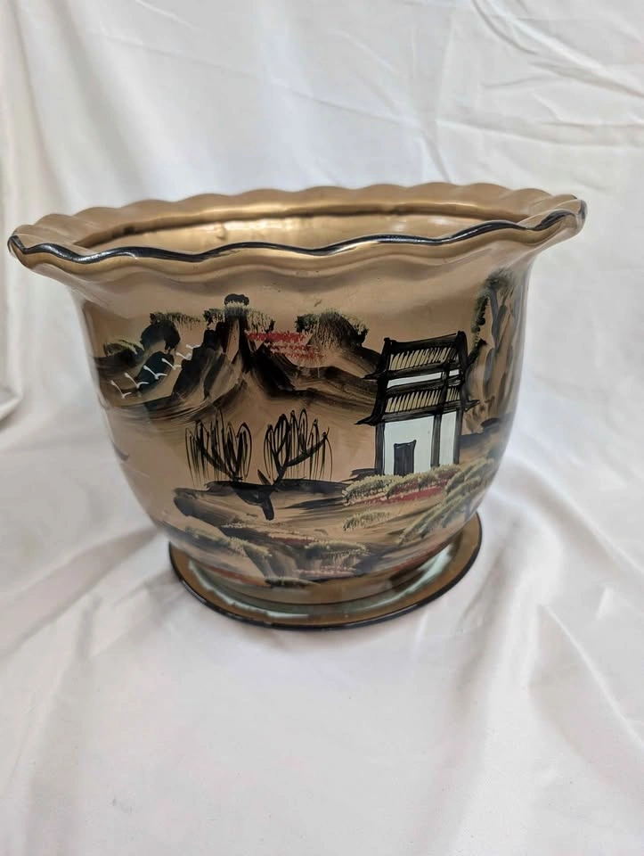 Vintage Hand-Painted Asian Landscape Ceramic Planter