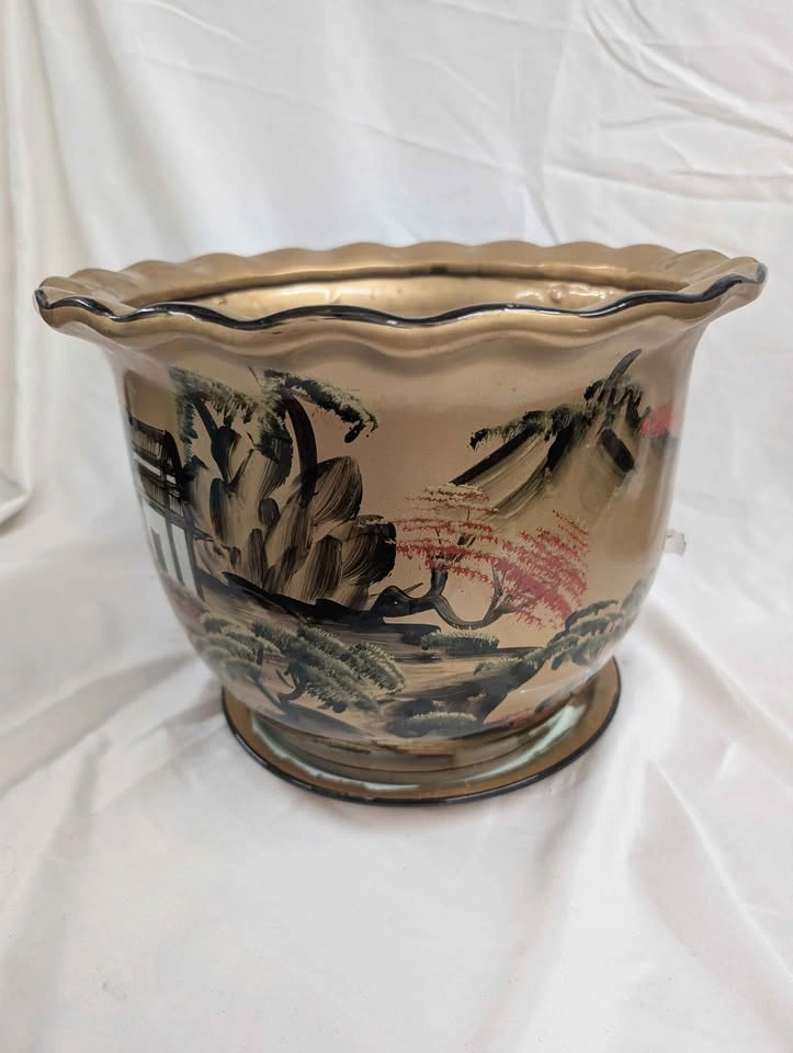 Vintage Hand-Painted Asian Landscape Ceramic Planter - photo 2