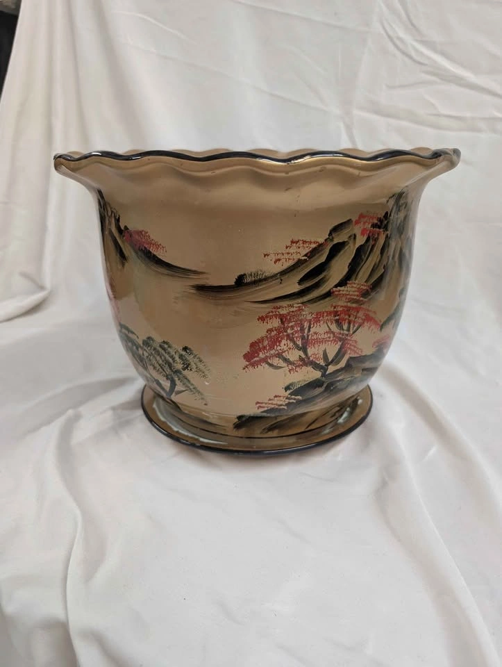 Vintage Hand-Painted Asian Landscape Ceramic Planter - photo 3