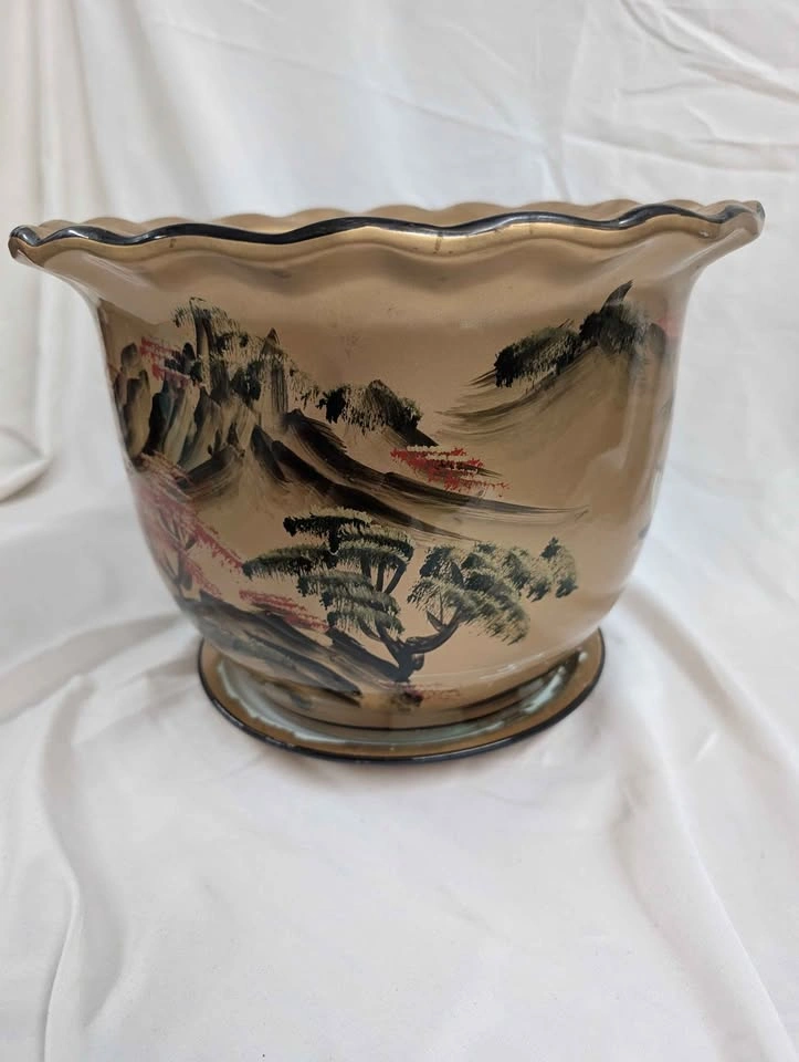 Vintage Hand-Painted Asian Landscape Ceramic Planter - photo 4