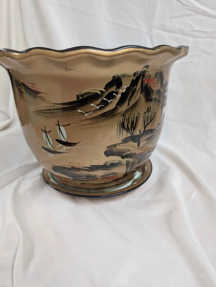 Vintage Hand-Painted Asian Landscape Ceramic Planter - photo 5