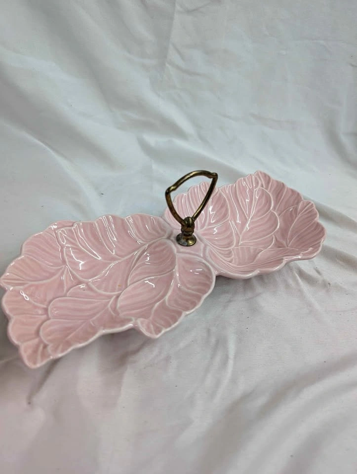 Vintage Pink Ceramic Leaf Serving Dish with Brass Handle
