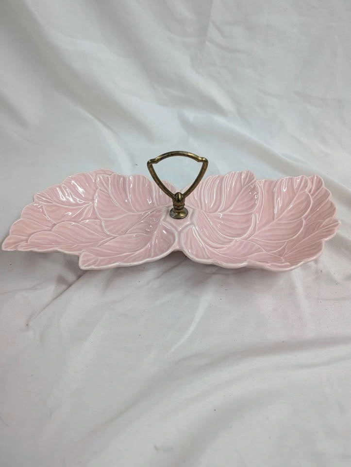 Vintage Pink Ceramic Leaf Serving Dish with Brass Handle - photo 2