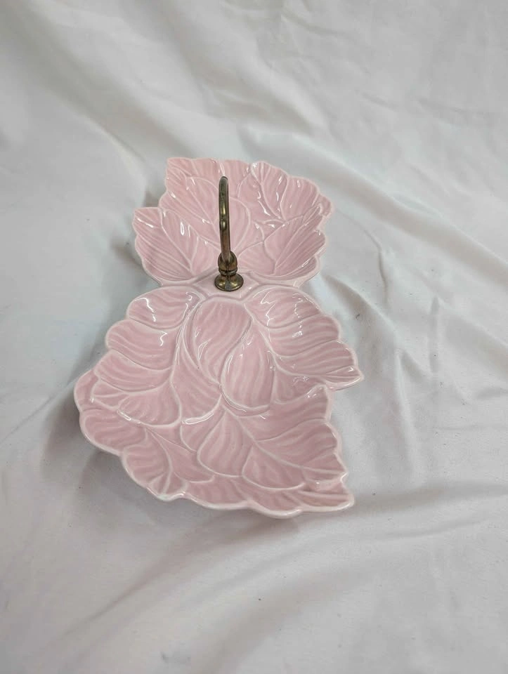 Vintage Pink Ceramic Leaf Serving Dish with Brass Handle - photo 3
