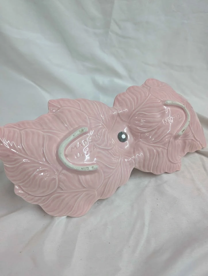 Vintage Pink Ceramic Leaf Serving Dish with Brass Handle - photo 4
