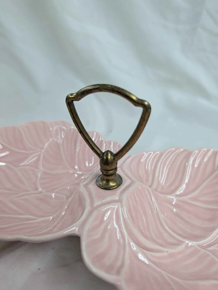 Vintage Pink Ceramic Leaf Serving Dish with Brass Handle - photo 5