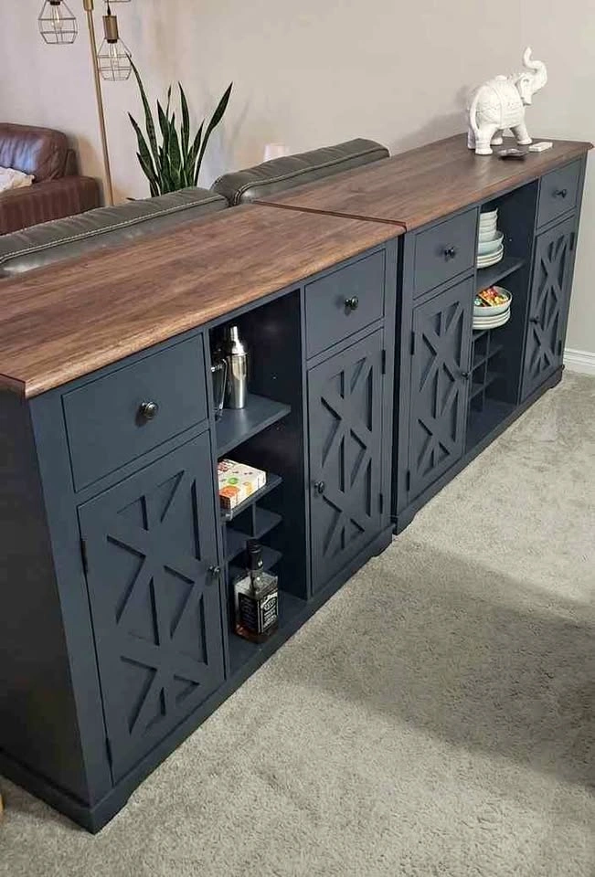Dark Blue Wine Bar Cabinets with Wood Tops
