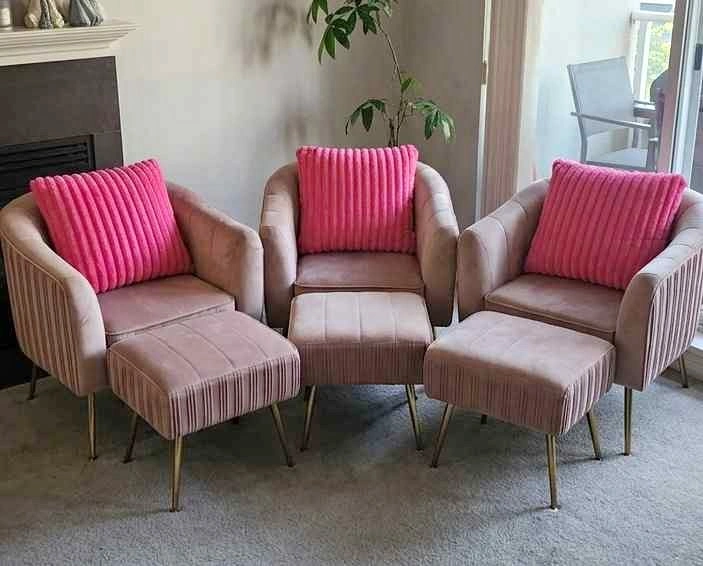 Set of 3 Velvet Armchairs with Ottomans