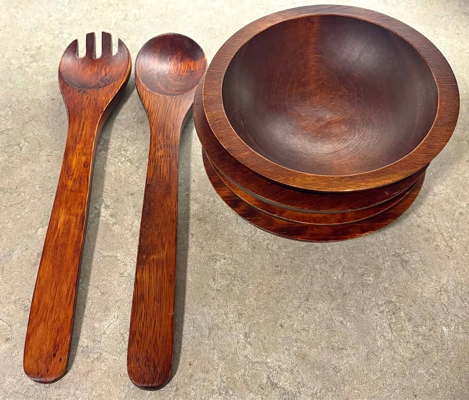Vintage 1960s BARIBOCRAFT 4 Teak Salad Bowl Set & Utensils