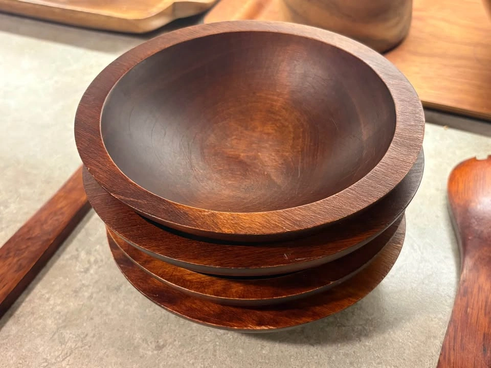 Vintage 1960s BARIBOCRAFT 4 Teak Salad Bowl Set & Utensils - photo 3