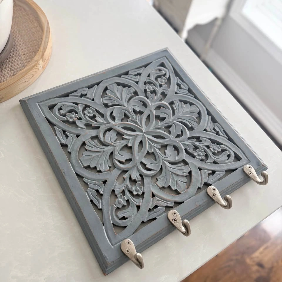 Carved Wooden Wall Panel w/ Hooks