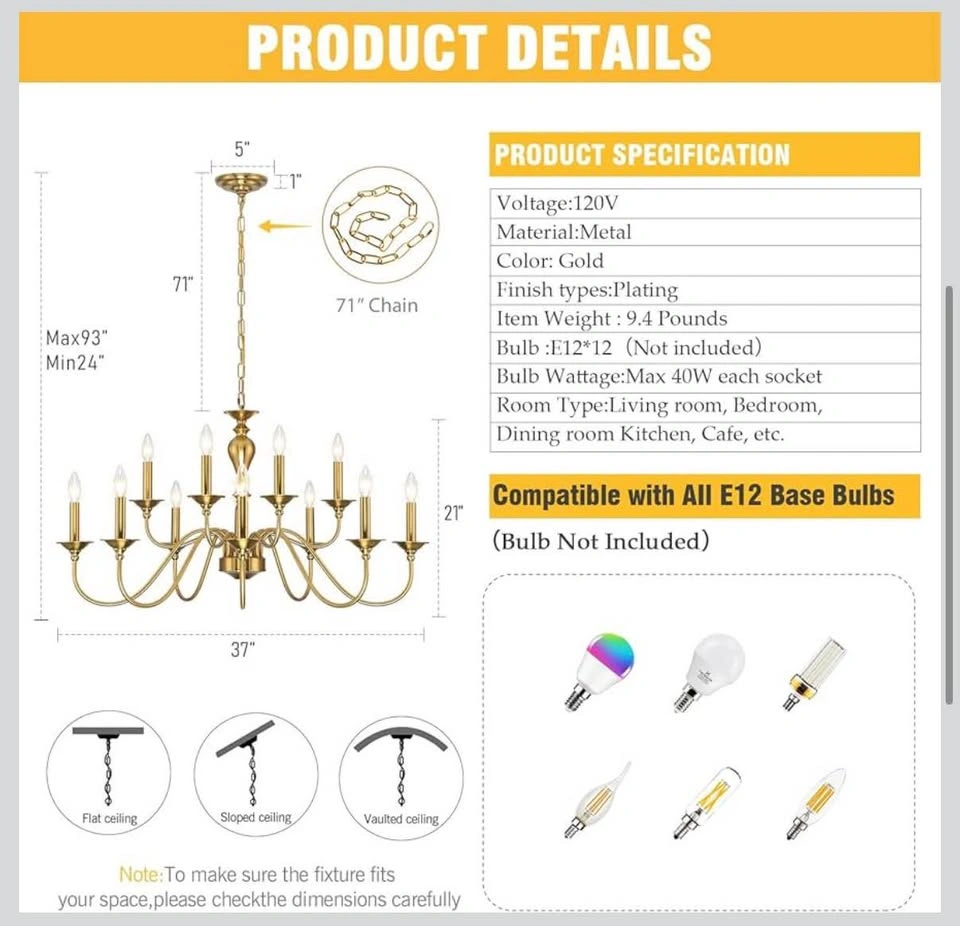 New- Gold 12 Light Chandelier - photo 5