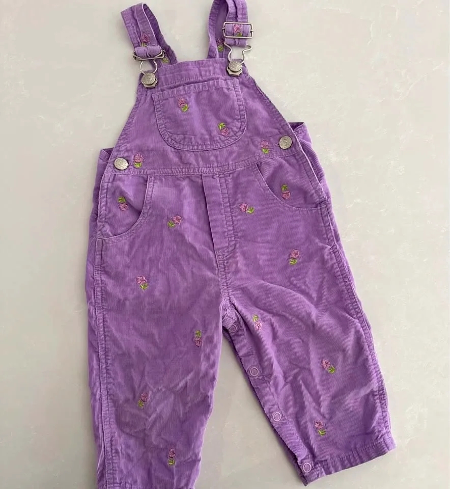 Vintage Purple Corduroy Overalls w/ Floral Embroidery (Size 12M)