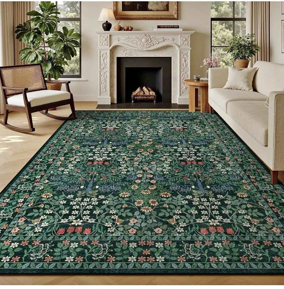 Brand NEW 8x10 Dark Green Vintage Floral Rug – Washable & Non-Sl