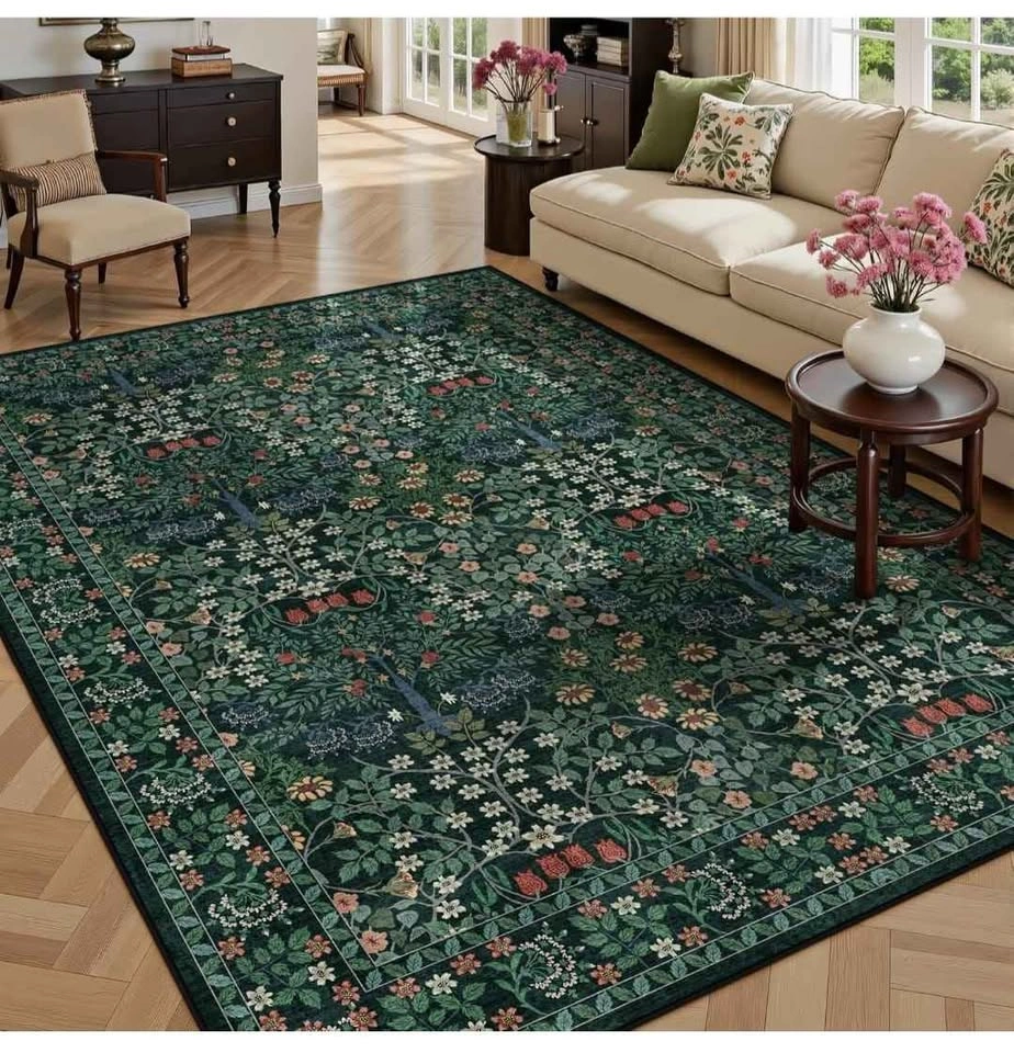 Brand NEW 8x10 Dark Green Vintage Floral Rug – Washable & Non-Sl - photo 2