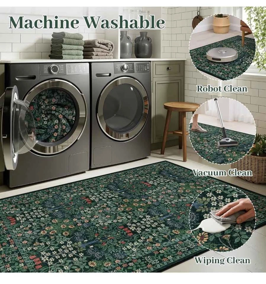 Brand NEW 8x10 Dark Green Vintage Floral Rug – Washable & Non-Sl - photo 3
