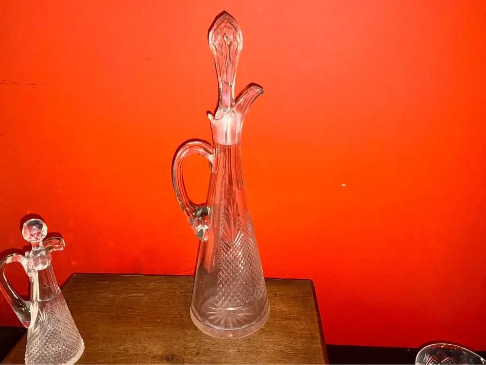 Antique glass wine decanter, cruet, and 4 stemmed glasses - photo 3