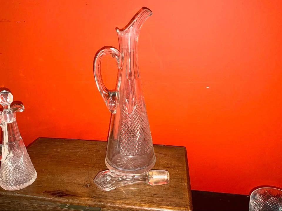 Antique glass wine decanter, cruet, and 4 stemmed glasses - photo 4