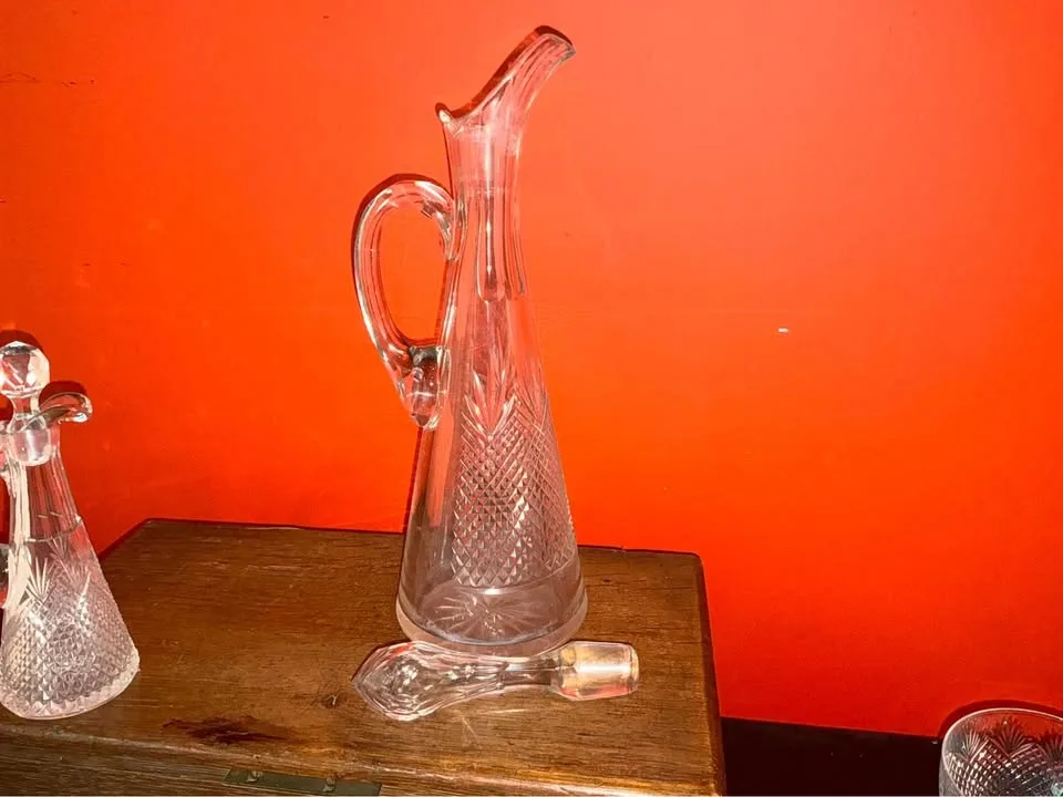 Antique glass wine decanter, cruet, and 4 stemmed glasses - photo 4