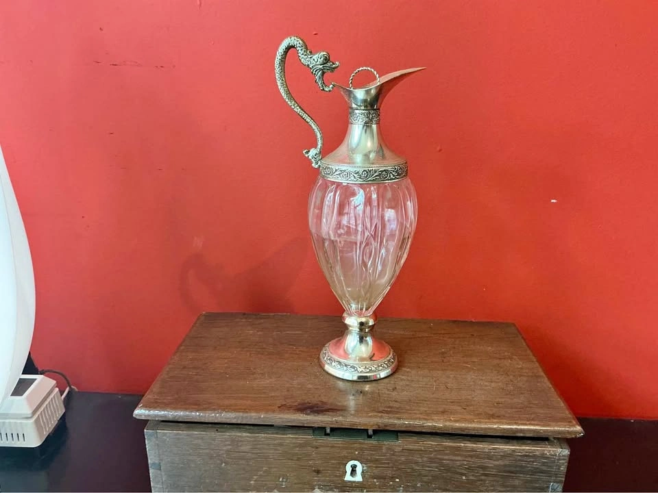 Vintage Italian Crystal & Silverplate Dragon Handle Decanter