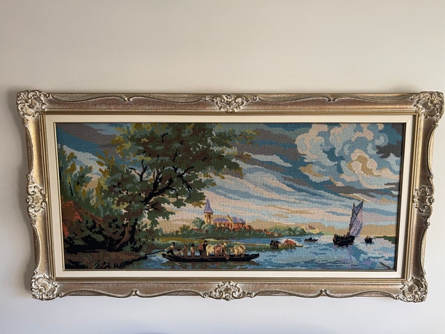 Needle point art, framed.