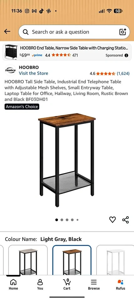 HOOBRO Tall Side Table, Industrial End Table