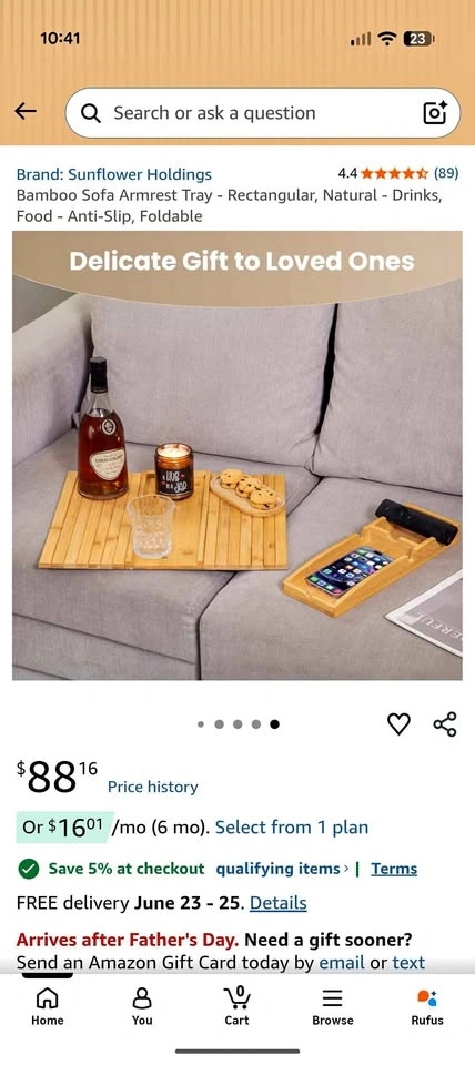 Bamboo Sofa Armrest Tray - Rectangular, Natural