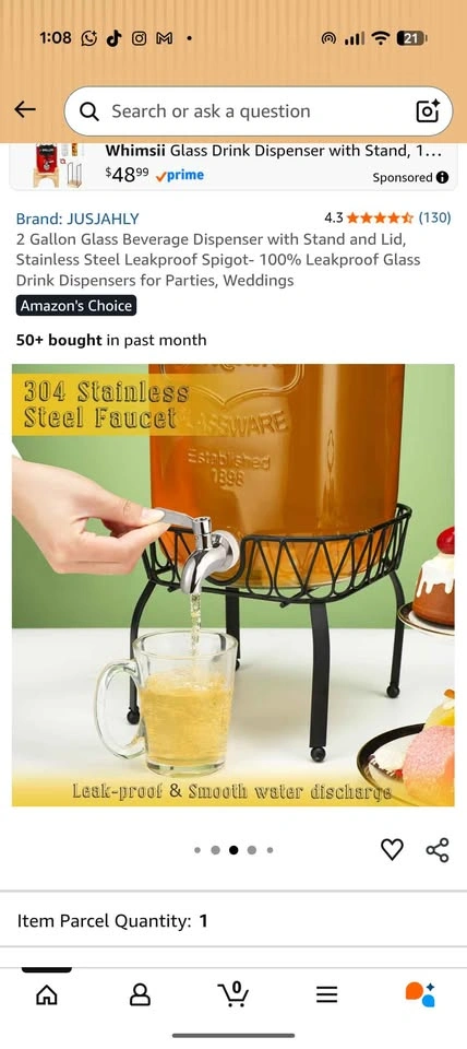 2 Gallon Glass Beverage Dispenser with Stand and Lid - photo 3