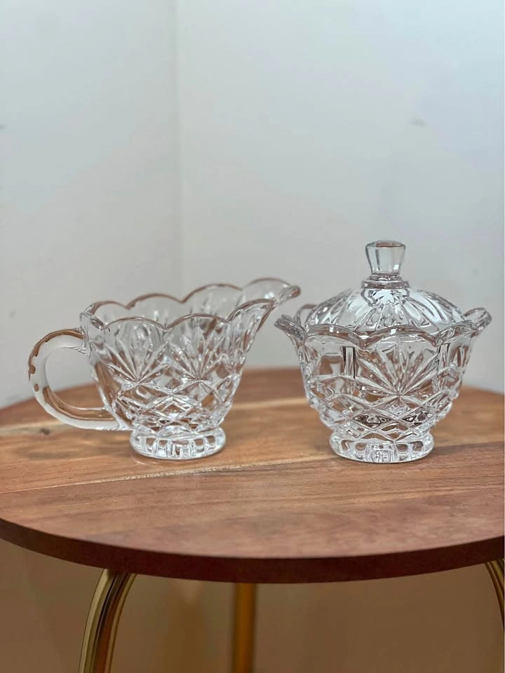 Vintage Clear Pressed Glass Creamer & Covered Sugar Bowl Set