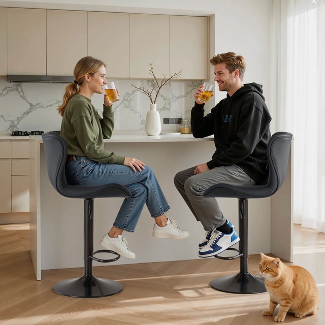 2pcs Swivel Adjustable Height Bar Stools, Leather Upholstered - photo 3