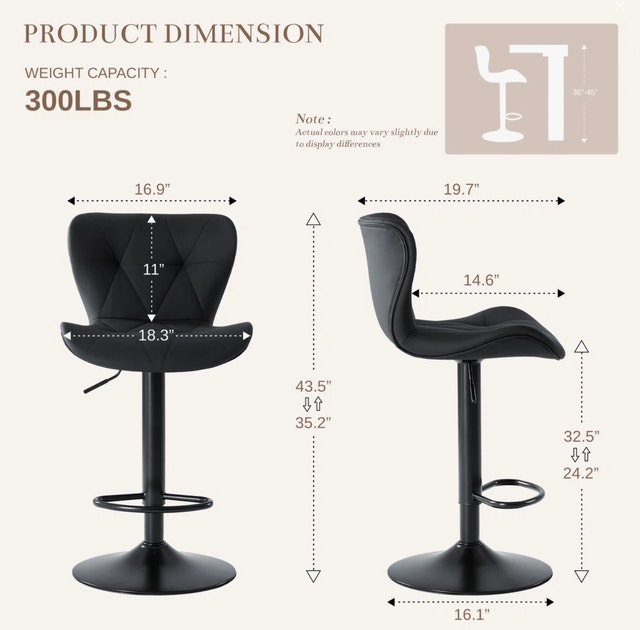 2pcs Swivel Adjustable Height Bar Stools, Leather Upholstered - photo 4