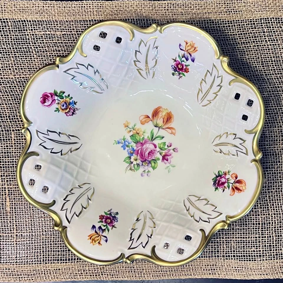 Reichenbach Reticulated Footed Serving Bowl with Gold Trim