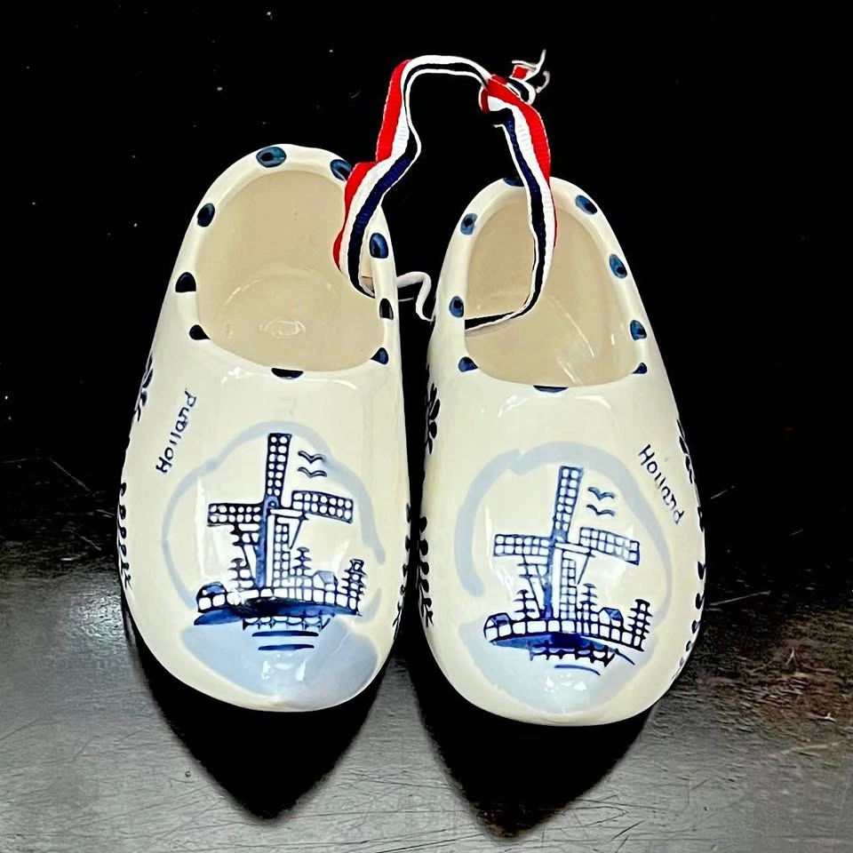 A Pair Of Hand Painted Dutch Clogs Shoes Holland Blue Delft Wind