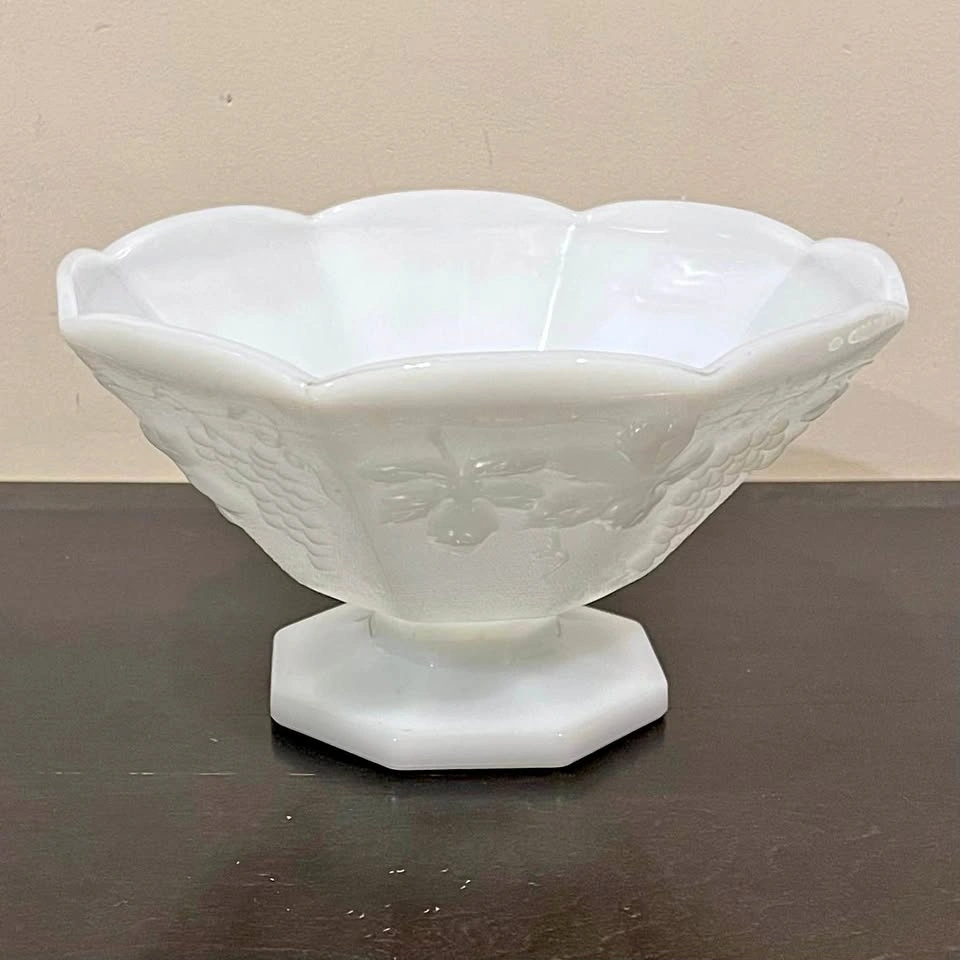 Milk Glass Anchor Hocking Pedestal Fruit Bowl Grape Pattern