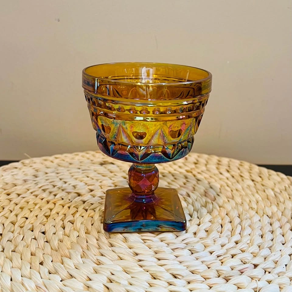 1960’s Indiana Glass Amber Iridescent Footed Goblet