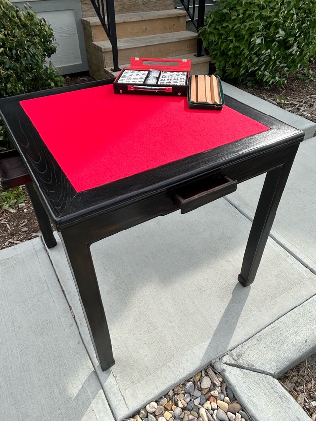 Refinished wooden Mahjong table. Comes with full Mahjong set.