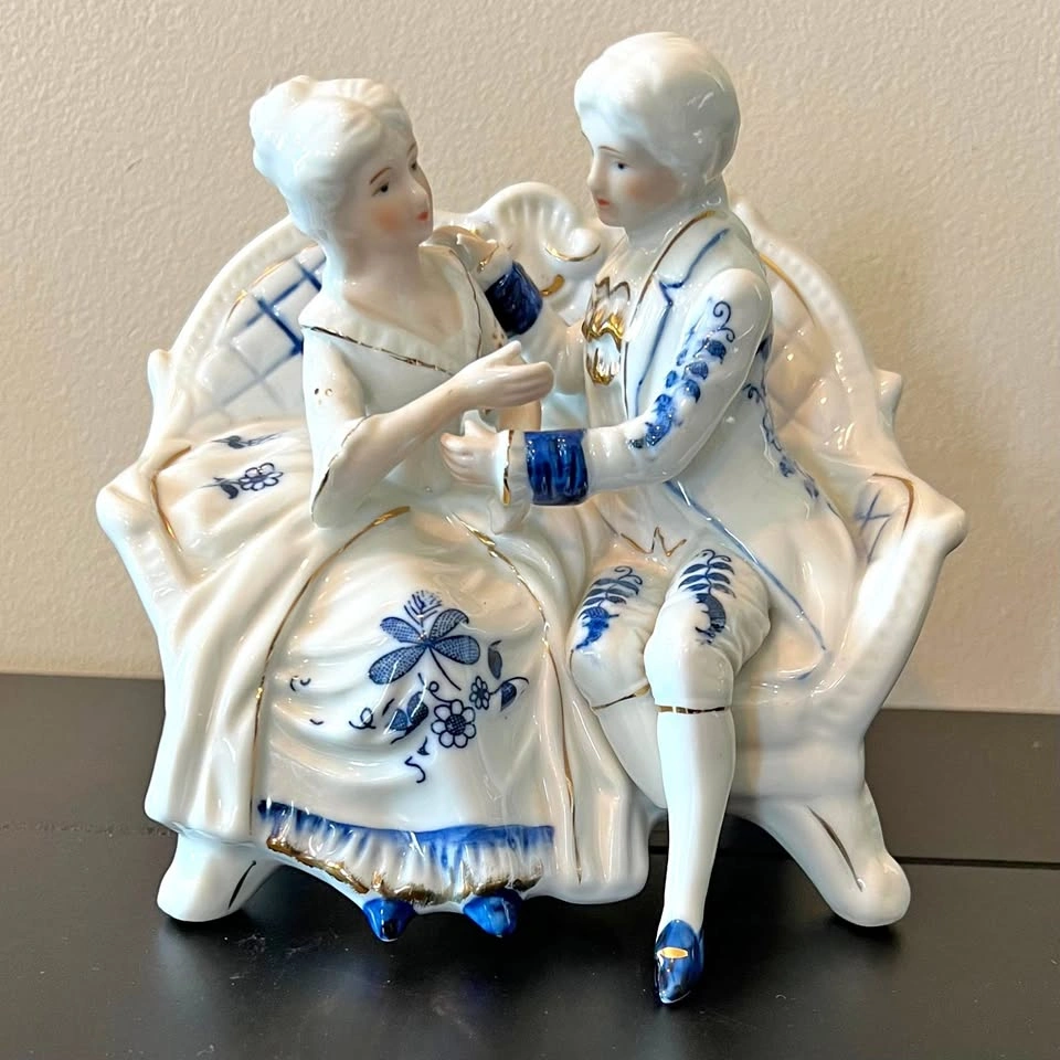 Vintage Figurine Blue and White Victorian Couple On Coach