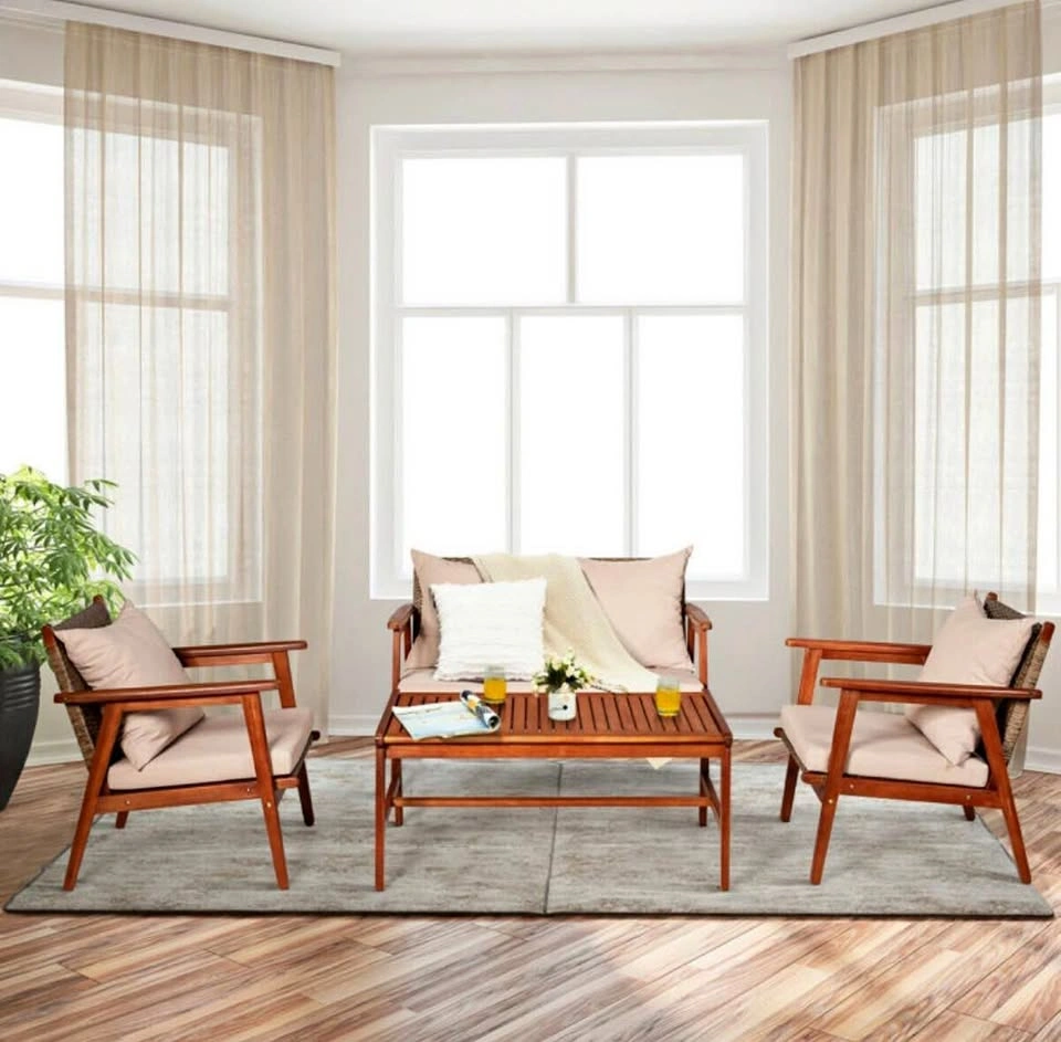 New Patio Furniture Set – 4 Piece Acacia Wood & Rattan